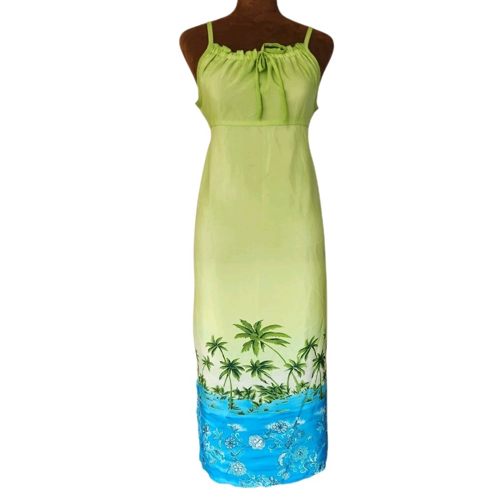Vintage Y2K Amy Byer Dress Tropical Resortwear‎ Beach Midi Palm Trees Blue Green